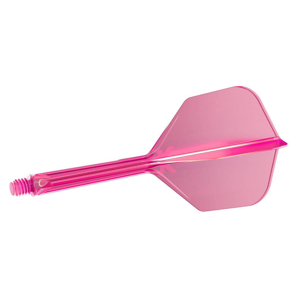 Plume de fléchette K-Flex « Target » brillante et translucide, de couleur rose vif. Avec une plume hexagonale intégrée et une tige nervurée se terminant par un filetage permettant la fixation sur la fléchette. Logo «K» discret.