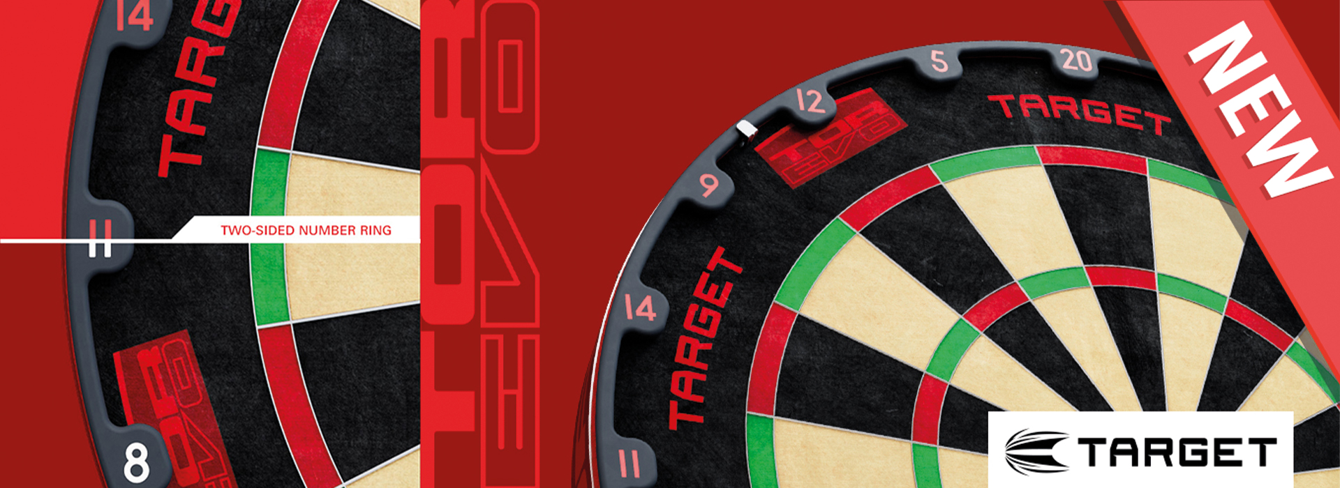 Detailansicht eines Dartboards mit schwarzen, cremefarbenen, roten und grünen Segmenten. Dunkelgrauer Zahlenring mit beidseitiger Beschriftung (8, 11, 14, 9, 12, 5, 20). 'TARGET'-Logo auf dem Board und rechts unten. Roter 'NEW'-Banner oben rechts.