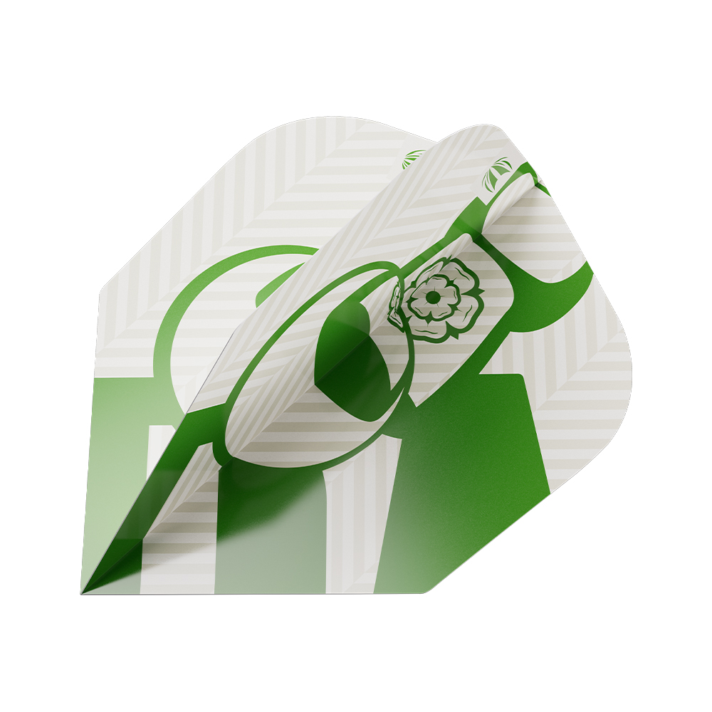 Plume de fléchette blanche et verte, pliée et légèrement inclinée. Rayures blanches diagonales sur fond beige imitation liège, avec bulles de champagne vertes. Emblème rose vert en haut à droite. « Target Pro Ultra Charlie Manby n° 6 » pour stabilité.