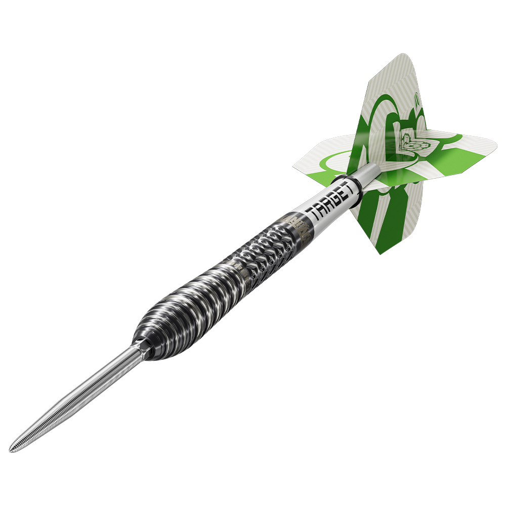 Target Fléchettes en acier édition Charlie Manby : corps en tungstène à 95 % argenté avec grip annelé/ondulé, pointe Swiss Nano, tige Pro Grip TAG, ailettes Pro Ultra n° 6 vertes/crème avec bulles de champagne.