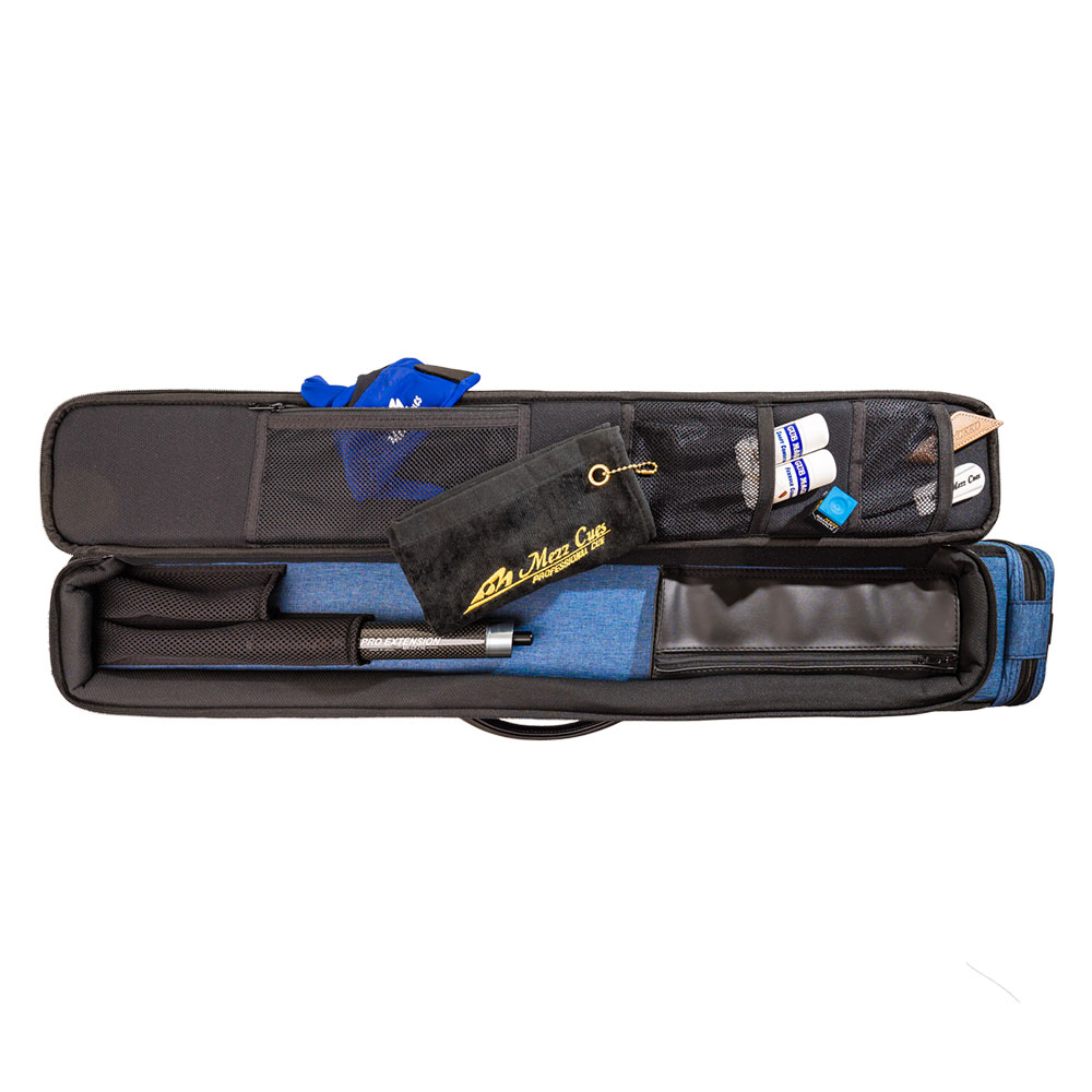 Sac souple Mirai Cue bleu ouvert, intérieur bien agencé. Poches filet haut: gant bleu, craie, serviette pour queues Mezz. En bas: place pour partie inférieure, rallonge, et jusqu'à 3 bas et 5 hauts.