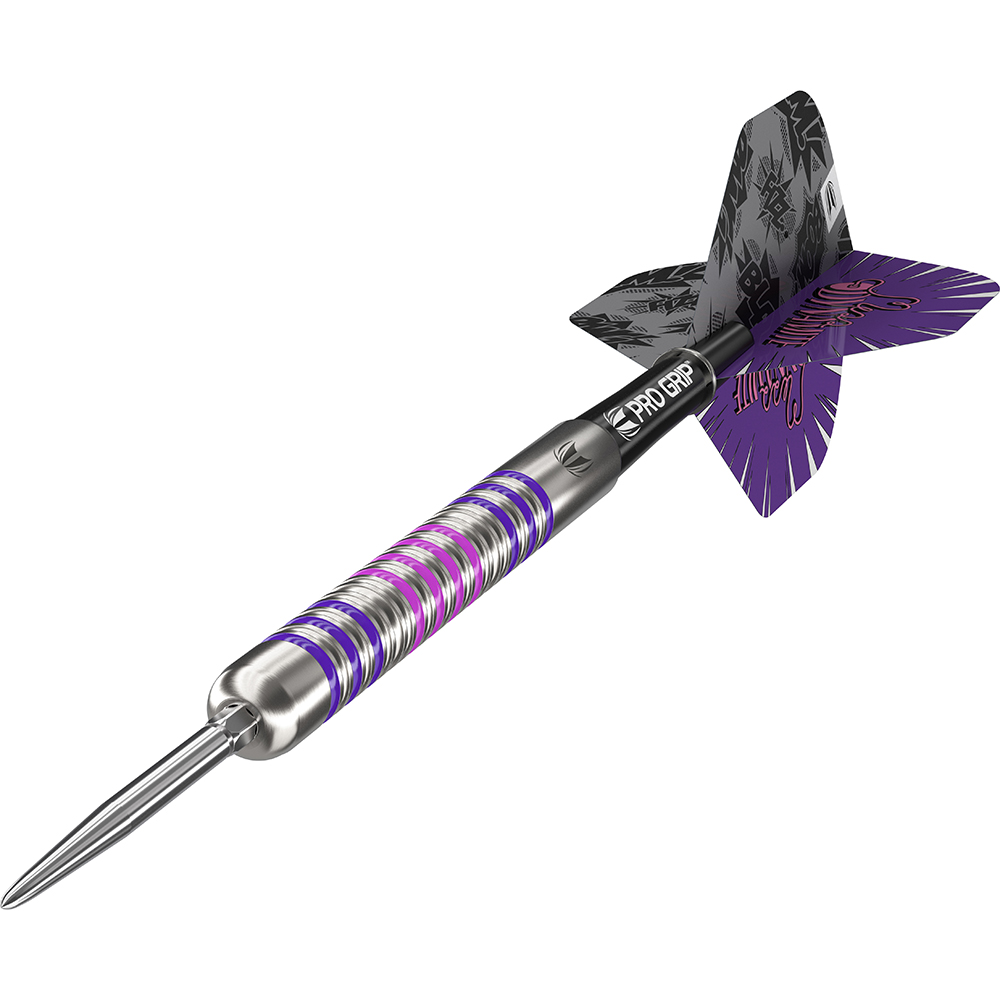 Silberner Dartpfeil mit spitzer Metallspitze. Silbern verzierter Lauf mit abwechselnd violetten und pinkfarbenen Ringen. Schwarzer Schaft mit "PRO GRIP" Logo. Zweigeteilte Flights: oben schwarz-grau gemustert, unten violett mit heller Schrift.
