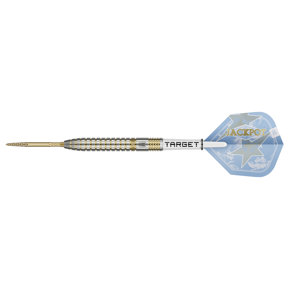 Fléchette en acier dorée et argentée, dotée d'une longue pointe Swiss DX dorée. Corps en tungstène à 95 % avec rainures radiales et segments annulaires argentés et dorés. Tige transparente avec le logo Target, ailette bleu ciel avec l'inscription JACKPOT.