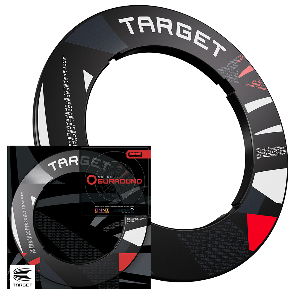Anneau de protection noir pour cible de fléchettes « Target », motif géométrique noir/gris avec accents rouges. Grand logo «Target» blanc en haut. Avec encoches pour éclairage et comptage, il protège le mur.