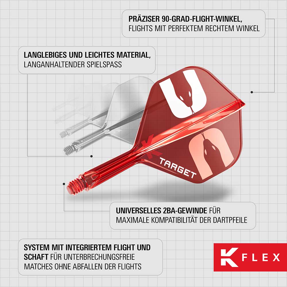 Plumes de fléchettes K-Flex rouges avec tige intégrée et motif serpent blanc. Avec logo Target, matériau léger et durable, alignement précis à 90° pour un vol stable et filetage 2BA. La conception intégrée empêche les plumes de se détacher.