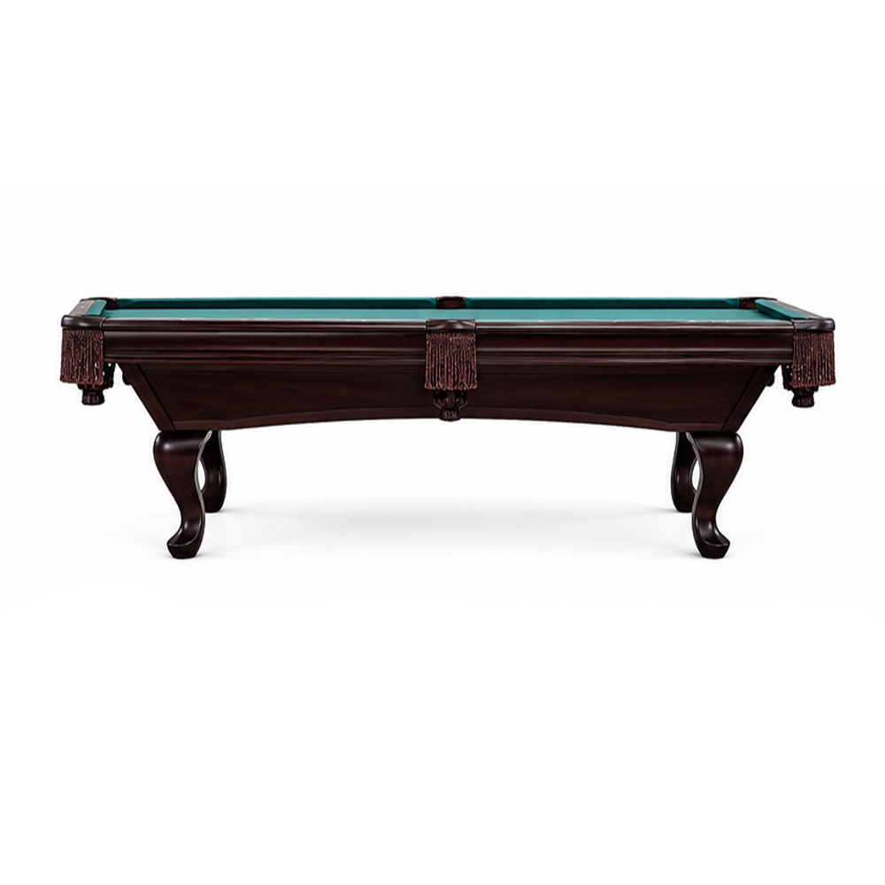 An elegant billiards table with a dark brown wooden finish and a smooth, green playing surface. The table legs are artfully curved, and decorative burgundy tassels hang from the pockets. It stands against a neutral white background.