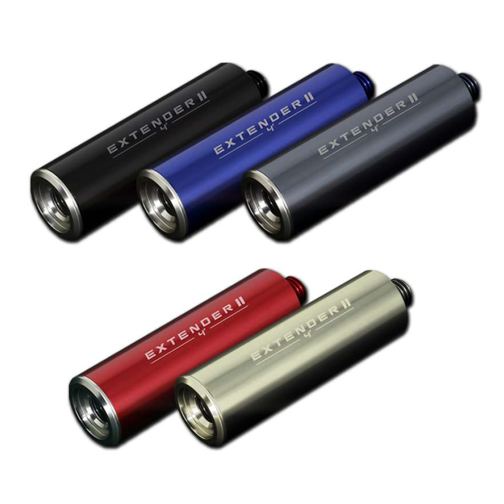 Cinq rallonges de queue Extender II d'Exceed (4 pouces) disponibles en noir, bleu, gris foncé, rouge et gris clair. Motif en diagonale sur fond blanc, avec l'inscription « EXTENDER II 4'' ». Avec filetage et embout.