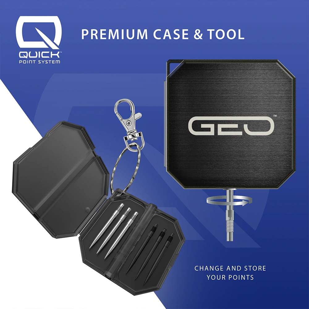 Black folding protective case with key ring, containing silver and black dart tips. Also included is a black, square Geo-Tool for replacing a dart tip. Shows the Quick Point System for changing and storing tips.