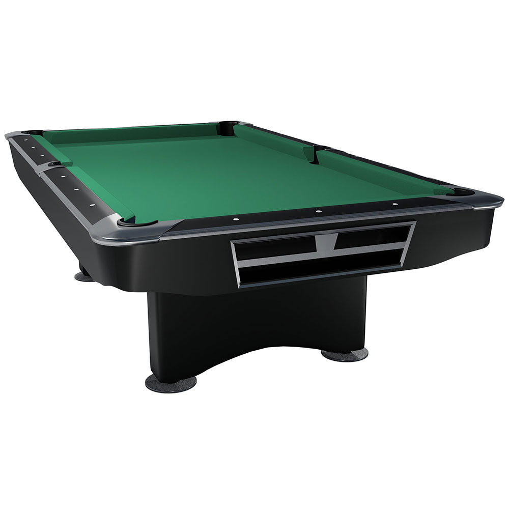 Modern billiard table with a bright green playing surface and black frame. Rails with silver metal trim, six dark pockets. Stands on two solid column legs with levelling feet. Side ball return opening.