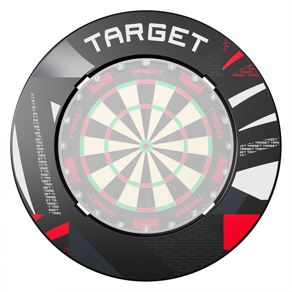 Catchring noir « Target » à rainures, design moderne. Grand logo Target en haut, avec inscriptions et motifs géométriques rouges, gris et blancs. En polymère Active Reflex, il protège le mur et offre des emplacements pour accessoires.