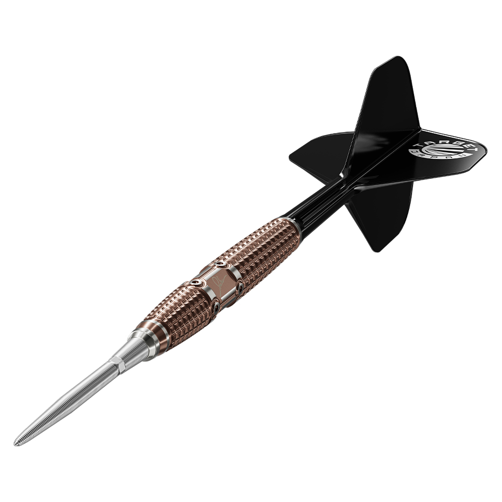 Paul Lim The Legend Gen10 SP Steeldart, schräg positioniert, mit bronzefarbenem Barrel. Verfeinerte Griffarchitektur aus 3D-Rechteckeinschnitten wie abgestumpfte Pyramiden. Silberne Spitze, schwarze Flights mit Target Japan Logo.