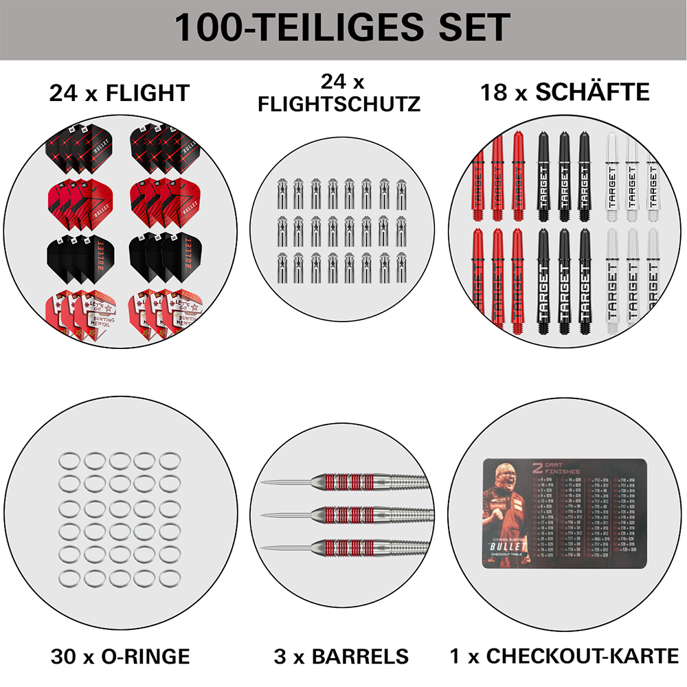 Jeu de fléchettes en acier « Target » de 100 pièces : 24 plumes Bullet+Bunting rouges/noires, 24 capuchons argentés, 18 tiges rouges/noires/blanches, 30 joints toriques, 3 fûts en laiton de 22 g (rouges), carte de paiement (Bunting).