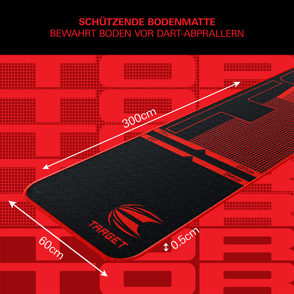 Tapis de fléchettes TOR « Target » noir avec détails rouges et repères de dimensions en blanc. Lignes de lancer pour fléchettes acier et souples. Dimensions : 300 cm x 60 cm x 0,5 cm. Protège le sol et marque la ligne de lancer.