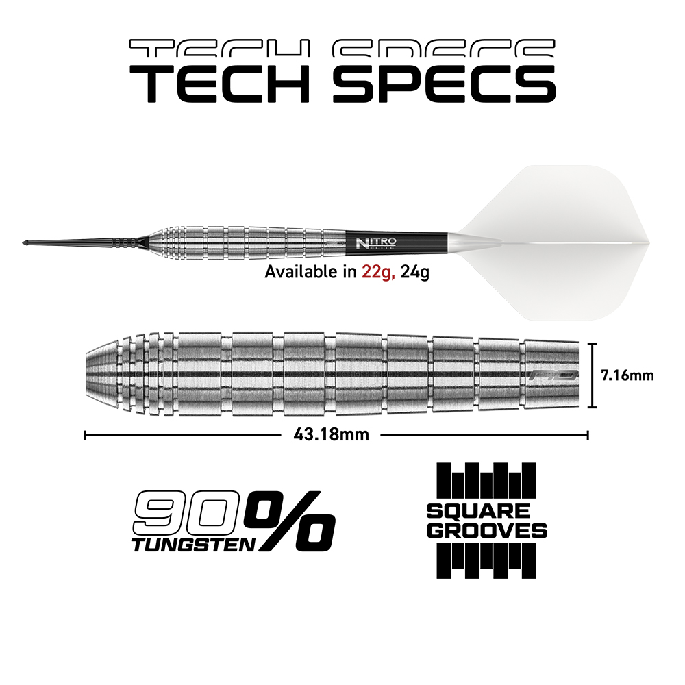Detailed view of a silver dart with a black tip and white flight, including specs. Barrel with fine square grooves, 43.18 mm long, 7.16 mm in diameter. Available in 22 g/24 g, 90% tungsten.