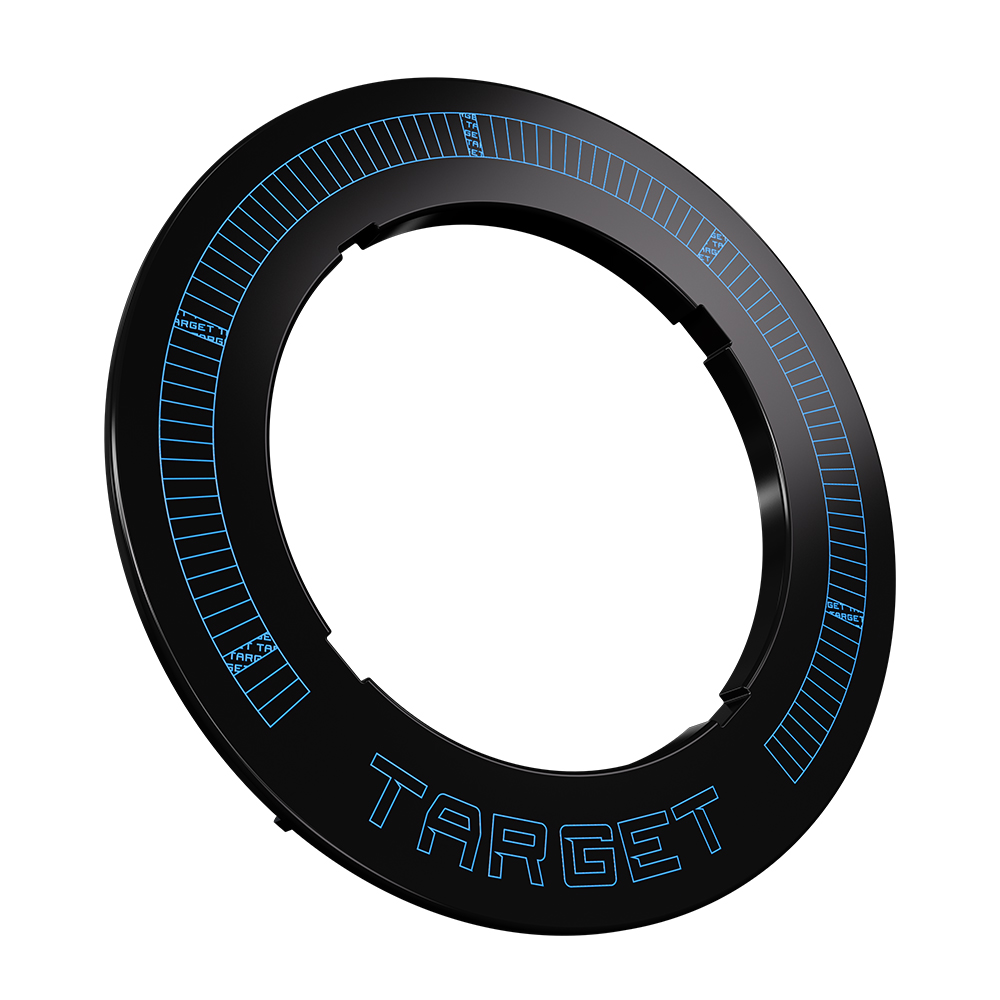 Anneau de protection noir et rond pour cible de fléchettes, avec des lignes et des repères de segments bleu vif. En bas, le mot « Target » s’illumine en lettres bleues. Protège le mur et offre un éclairage d’ambiance LED bleu intégré.