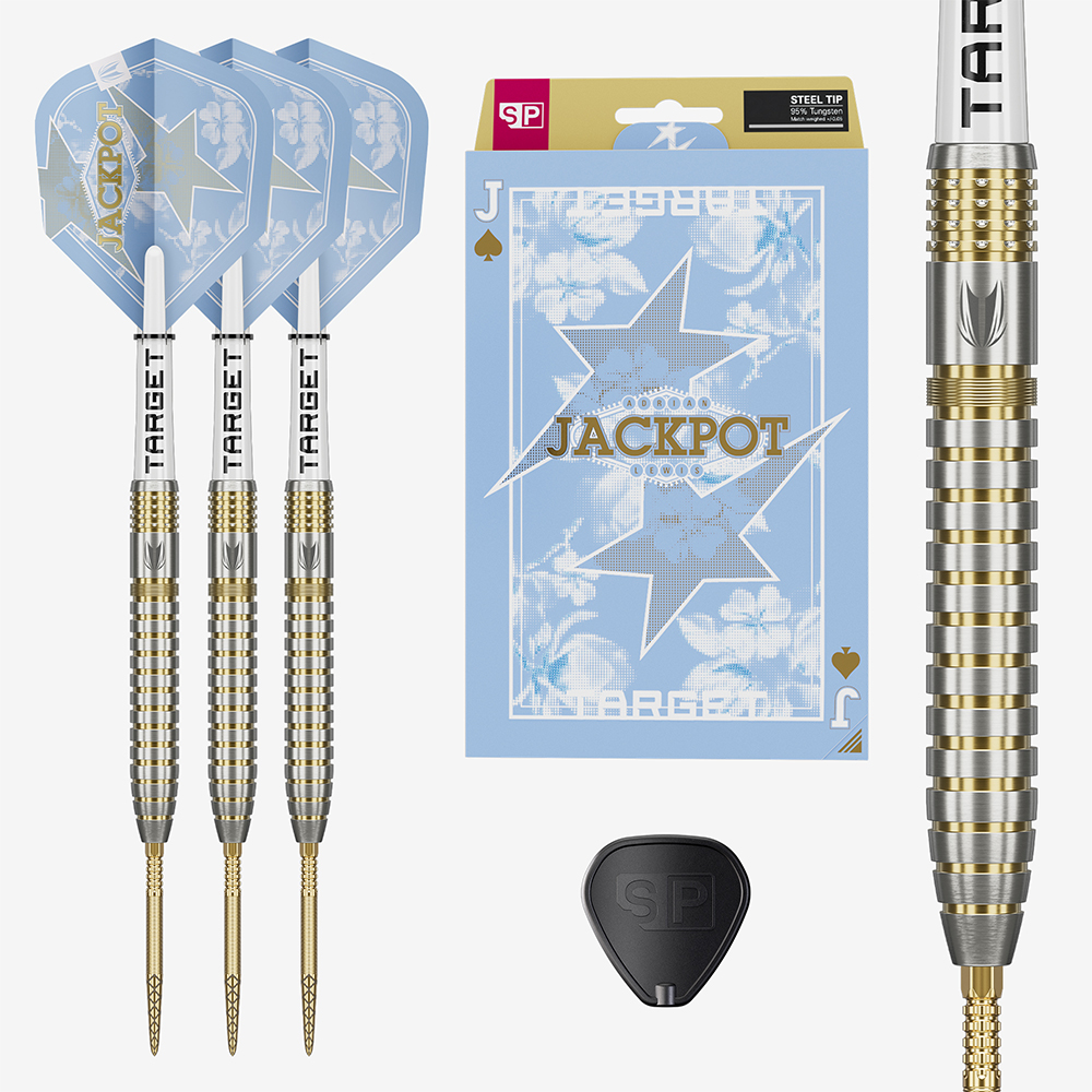 Trois fléchettes en acier avec plumes Jackpot bleu clair en étoile, tiges blanches, corps cannelés dorés/argentés et pointes Swiss DX dorées. Dans un étui bleu clair à motifs de cartes, avec un corps en plus et un outil Swiss Point noir.