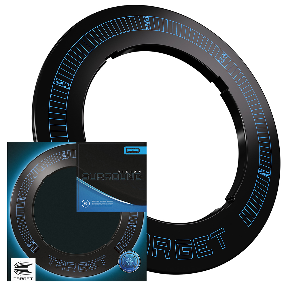 Anneau de protection rond et noir pour cibles de fléchettes, doté d’un éclairage d’ambiance LED bleu intégré. Avec des repères bleus lumineux et le logo « Target » sur le bord extérieur. Protège le mur et éclaire la zone de jeu.