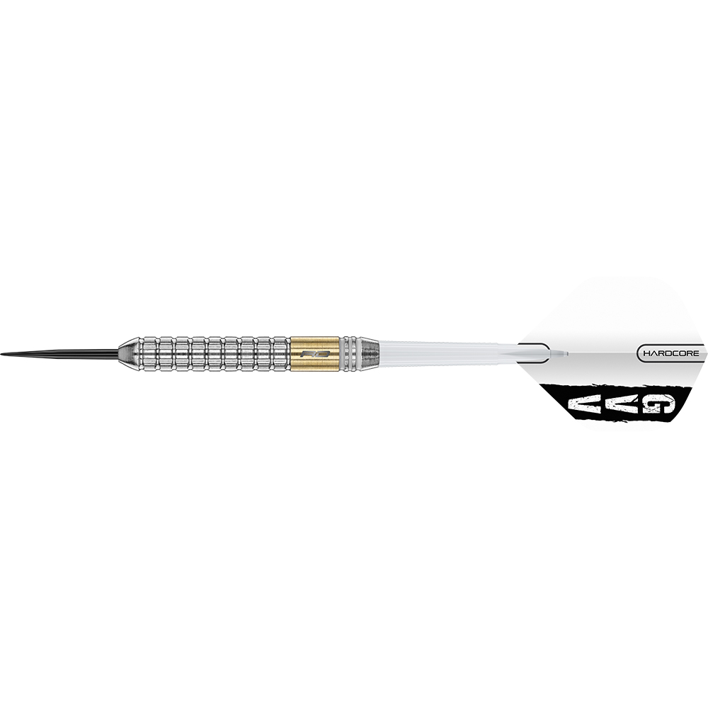 A single steel dart with a black tip. Cylindrical, silver barrel with a grooved grip pattern and a gold section. Transparent shaft, white flight featuring ‘GVV’ and ‘HARDCORE’. Gian van Veen Brass Dart, 21g, 59 mm.