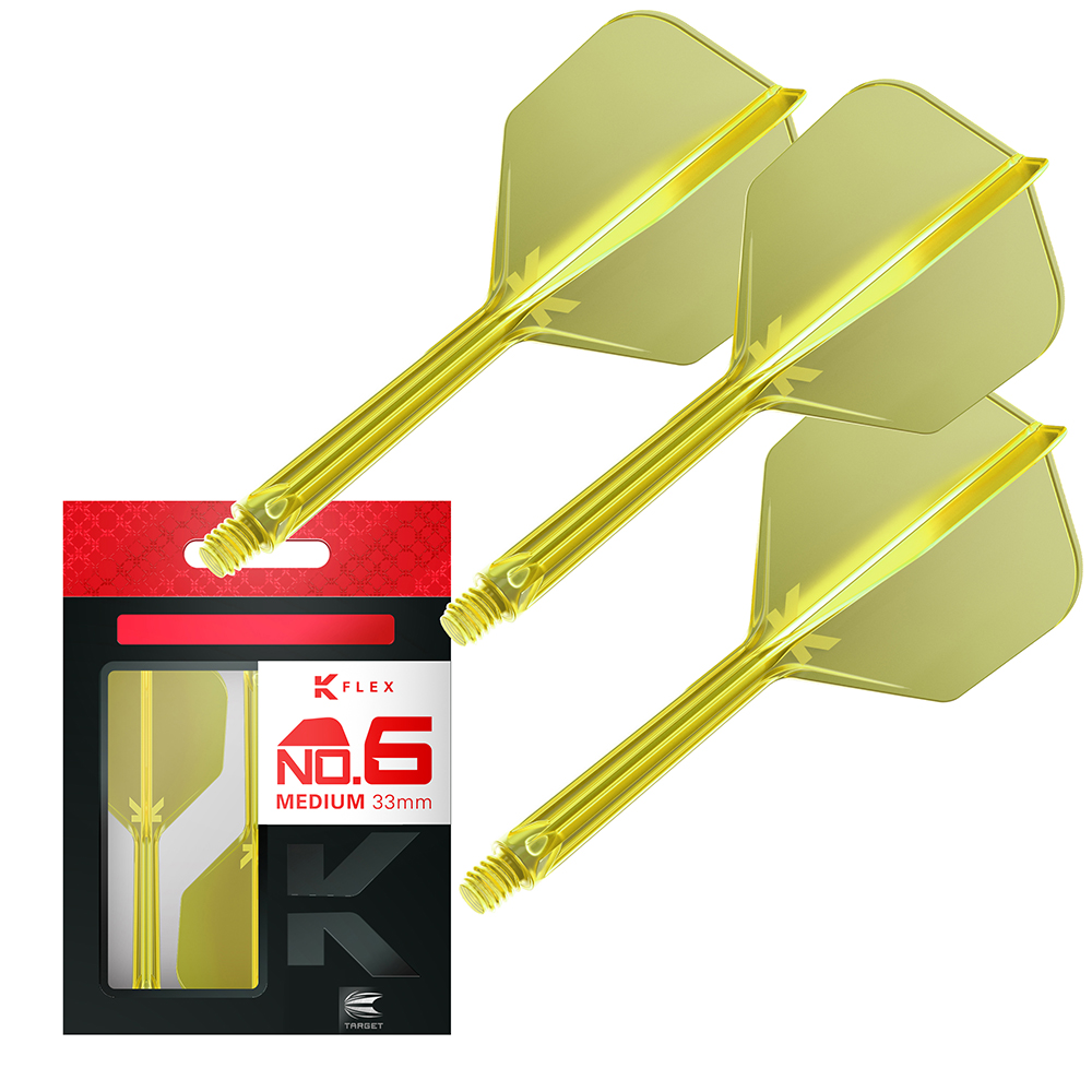 Trois plumes de fléchettes K-Flex n° 06 transparentes, de couleur jaune vif, avec des tiges intégrées de 33 mm, sur fond blanc. À gauche, l'emballage avec une plume jaune et l'inscription « K-Flex No.6 Medium 33mm ». Moulées avec précision, avec filetage.