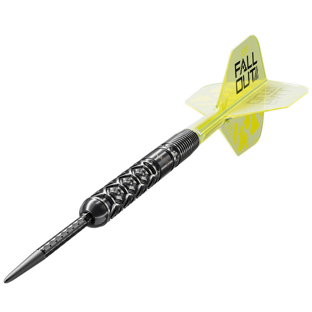 Fléchette acier Luke Littler Fallout SP, corps noir usiné avec précision. Prise hexagonale distinctive, revêtement PVD robuste. Pointe gris foncé. Plumeau K-Flex jaune fluo « FALLOUT » et symbole « Nuke ».