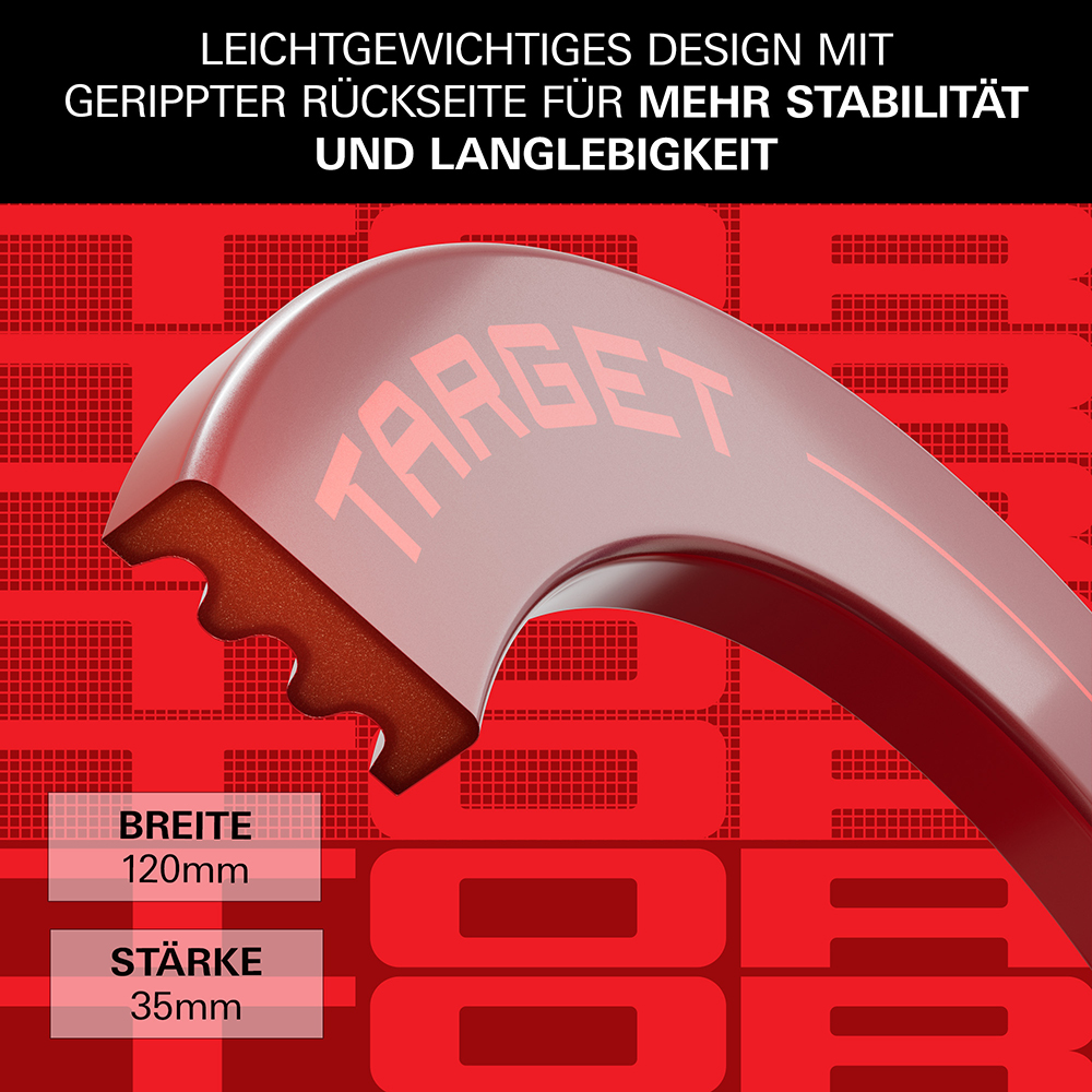 Gros plan sur l'anneau de protection rouge « Target » TOR en polymère Active Reflex. Face avant bombée avec l'inscription « Target », face arrière nervurée pour plus de stabilité. Dimensions en bas à gauche : largeur 120 mm, épaisseur 35 mm.