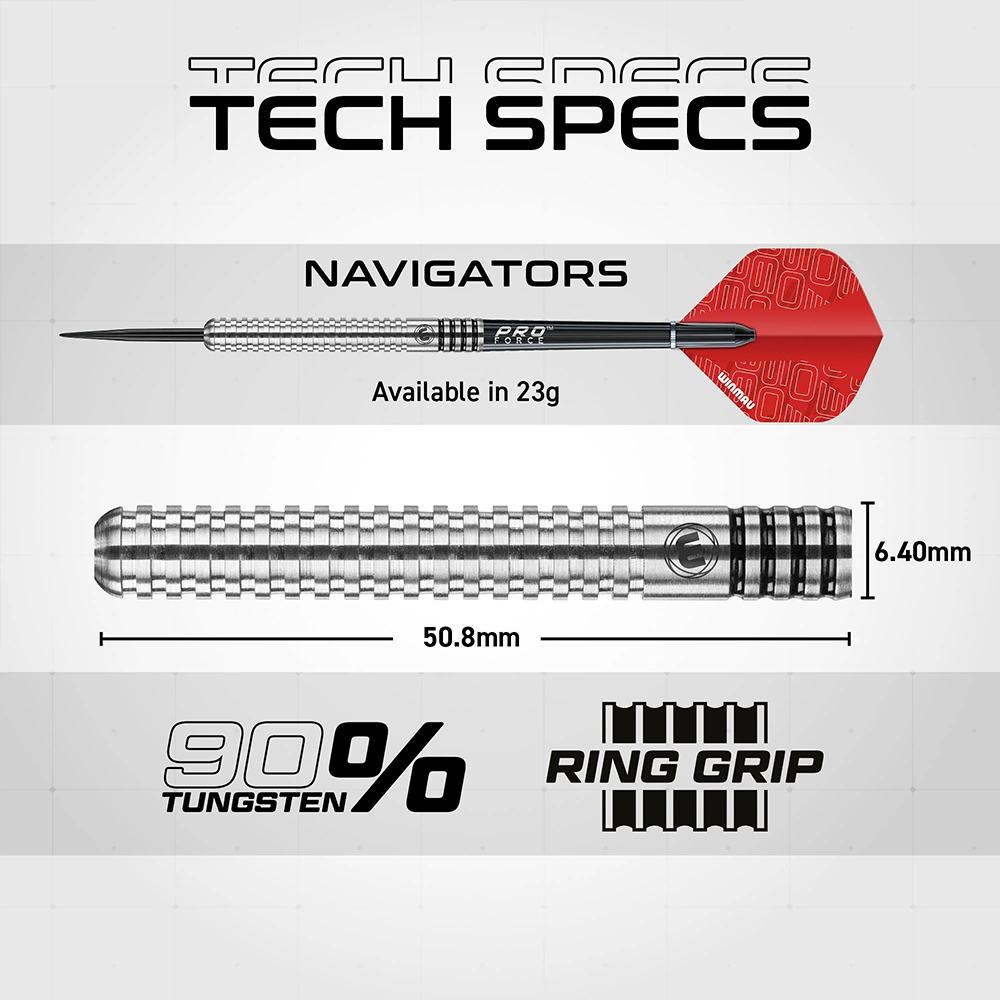 Spécifications d'une fléchette Winmau Navigator argentée avec flight rouge, en 23 g. Corps moleté à prise en anneau, longueur 50,8 mm, diamètre 6,40 mm. Composition : 90 % tungstène.