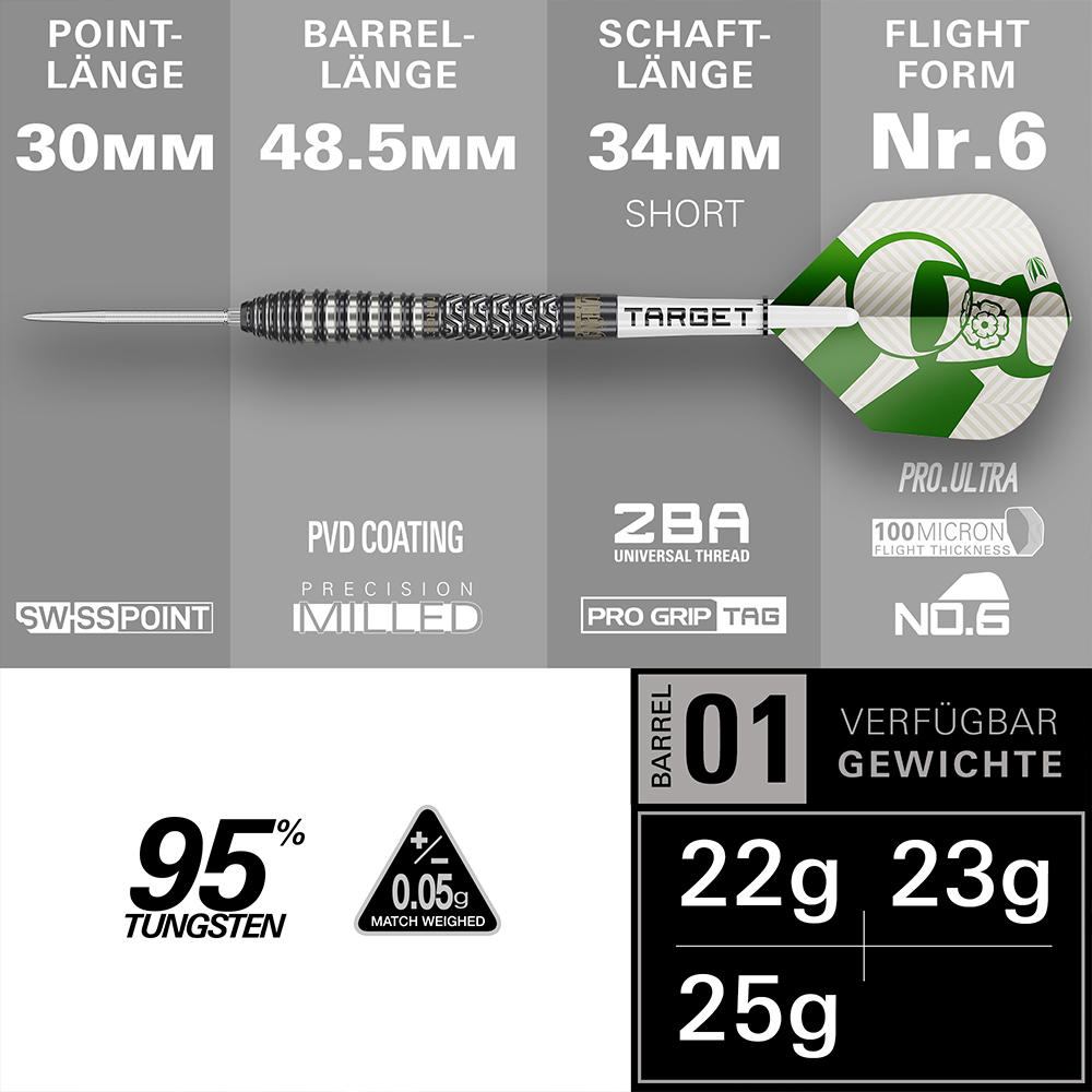Fléchette en acier Charlie Manby, pointe argentée, corps tungstène 95 % gris foncé usiné avec précision, ailette verte/crème motif bulles de champagne. Détails : pointe 30 mm, corps 48,5 mm, tige 34 mm, n°6 Pro Ultra, 22/23/25 g, pointe suisse.