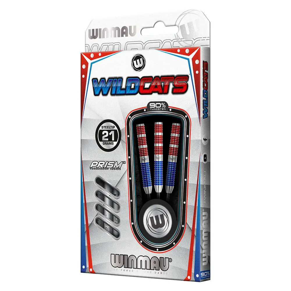 Produktverpackung für Winmau Wildcats Steeldarts: drei 21-g-Darts mit blauen/roten zweifarbigen Barrels und silbernen Spitzen. Weiß-rot-blaues Design, betont „90% Tungsten“ und „Steeltip“ für Winmau-Qualität.