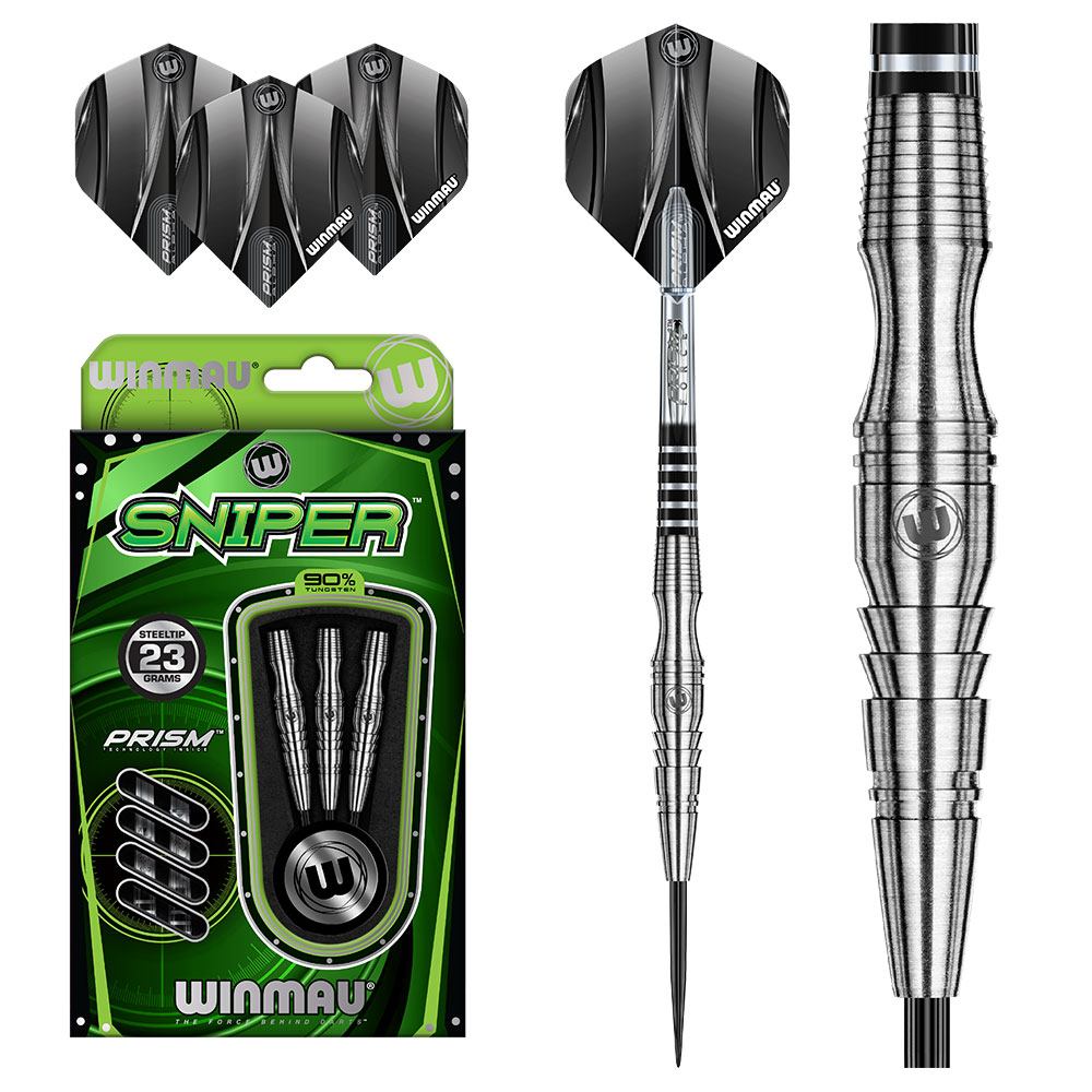 Winmau Sniper steel-tip darts set, 23g, in green packaging with three silver barrels. Next to it, an assembled dart with a ribbed silver barrel, black shaft and Prism Delta flight. On the right, a close-up showing the ‘ Winmau ’ logo, 90% tungsten.
