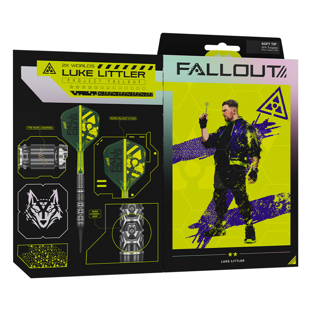 Emballage fléchettes souples Luke Littler Fallout. À gauche : corps argenté gravé « Nuke » avec grip, pointes souples noires, ailettes K-Flex jaune fluo avec logo Fallout. À droite : Luke Littler avec fléchette sur fond jaune fluo.