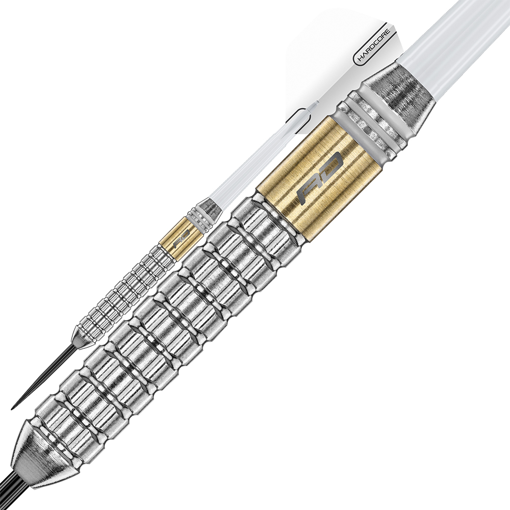 Two steel darts with brass barrels on a white background. Front: ribbed silver grip, gold barrel featuring the ‘ Red Dragon ’ ‘RD’ logo, white shaft and white flight with ‘HARDCORE’. Behind them is a smaller brass dart.