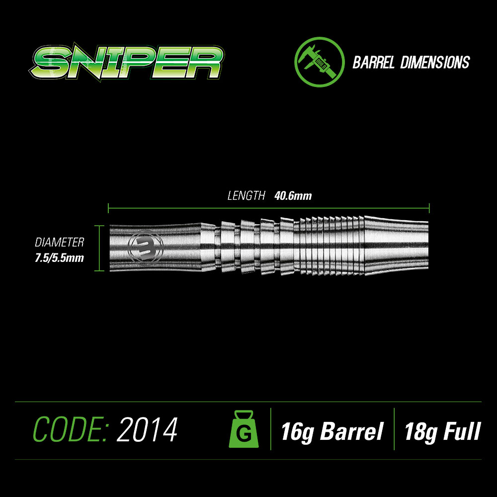 Illustration détaillée, couleur argent, du fût de fléchette Sniper Winmau : 40,6 mm de long, Ø 7,5 mm, se rétrécissant à 5,5 mm. Surface à rainures précises pour une meilleure prise en main. Pour fût 16 g, total 18 g.