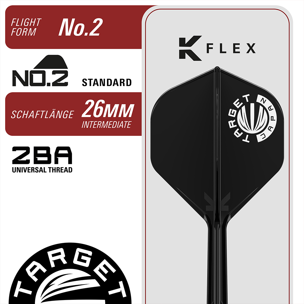Ein schwarzer Steeldart-Flight der Marke Target Japan mit dem weißen K-Flex-Logo. Auf dem roten Feld links sind die Spezifikationen "FLIGHT FORM No.2 STANDARD", "SCHAFTLÄNGE 26MM INTERMEDIATE" und "ZBA UNIVERSAL THREAD" zu sehen.