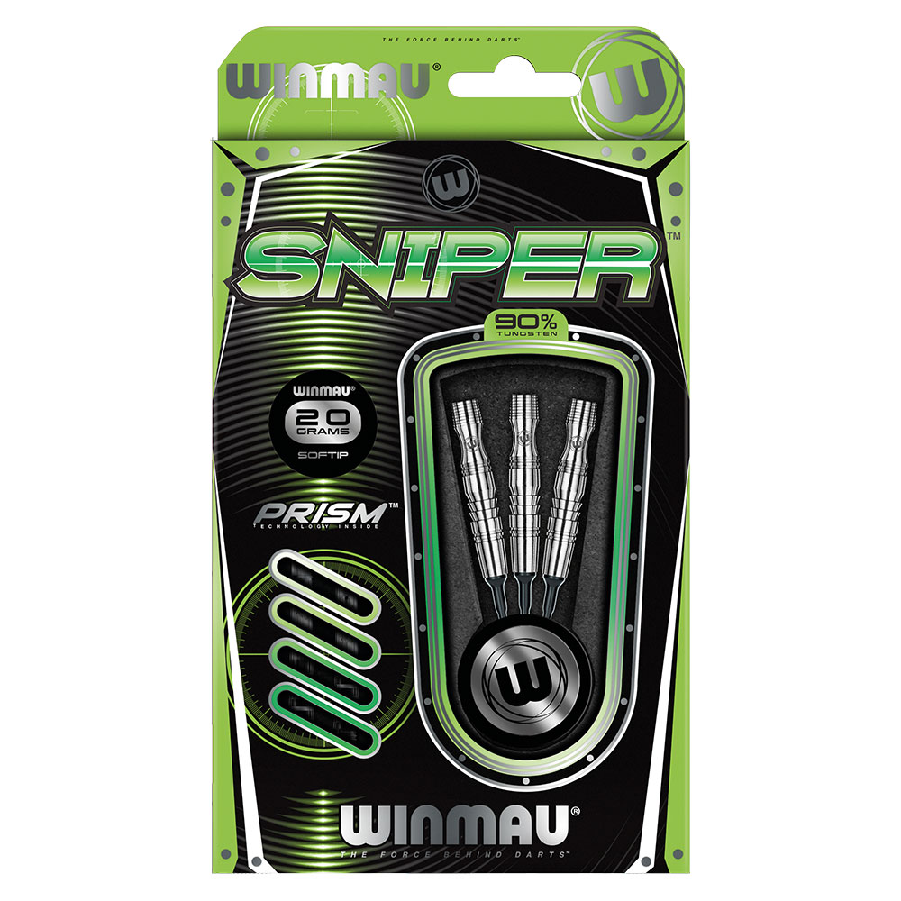 Winmau Fléchettes Sniper Softdarts : emballage vert/noir avec découpe, montrant 3 corps en tungstène 90 % argentés et pointes souples noires. Points forts : 20 g, technologie Prism pour lancers précis, excellente prise en main.