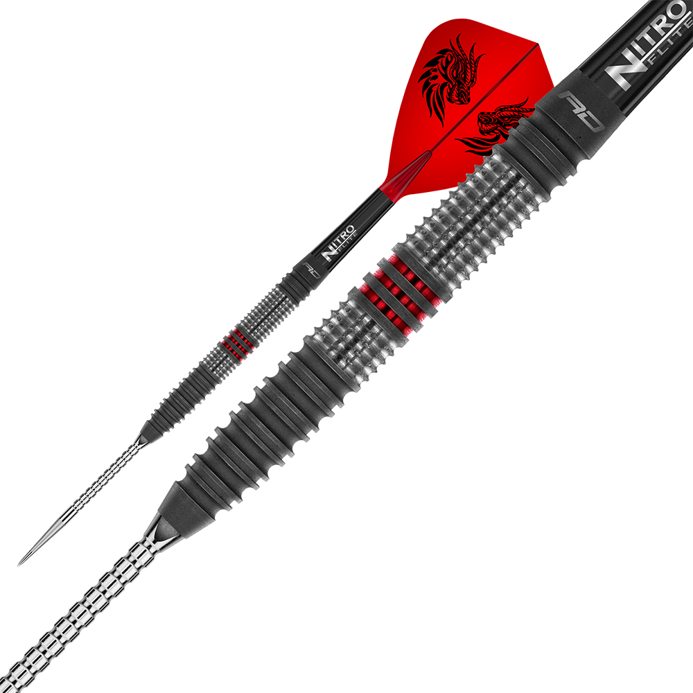 Fléchette aux détails soignés, avec un corps strié gris foncé et des anneaux rouges. Tige noire avec un volant rouge vif, orné d'un motif de dragon noir. Pointe métallique acérée, finition précise pour une performance de lancer optimale.
