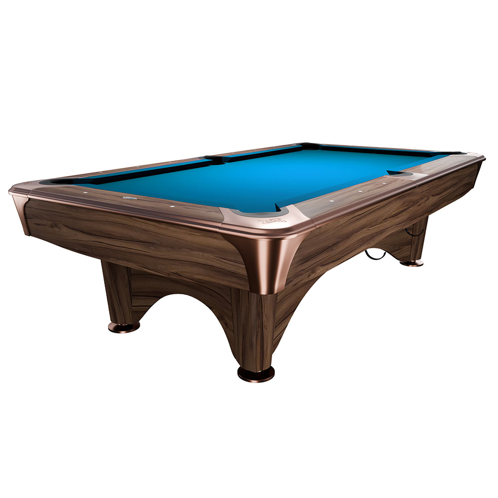 Dynamic IV elegant pool table with a modern brown wooden frame and curved legs. Playing surface with bright blue Simonis Tournament Blue cloth. Shiny copper-coloured accents lend this 9ft table a touch of luxury.