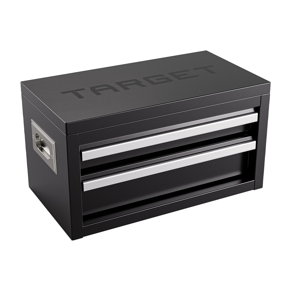 Black miniature metal toolbox made of steel, matching the ‘ Target ’ Shift Steel dart set. Features two silver-coloured drawers with handles and a silver pull ring on the side. ‘Target’ is discreetly embossed on the top.