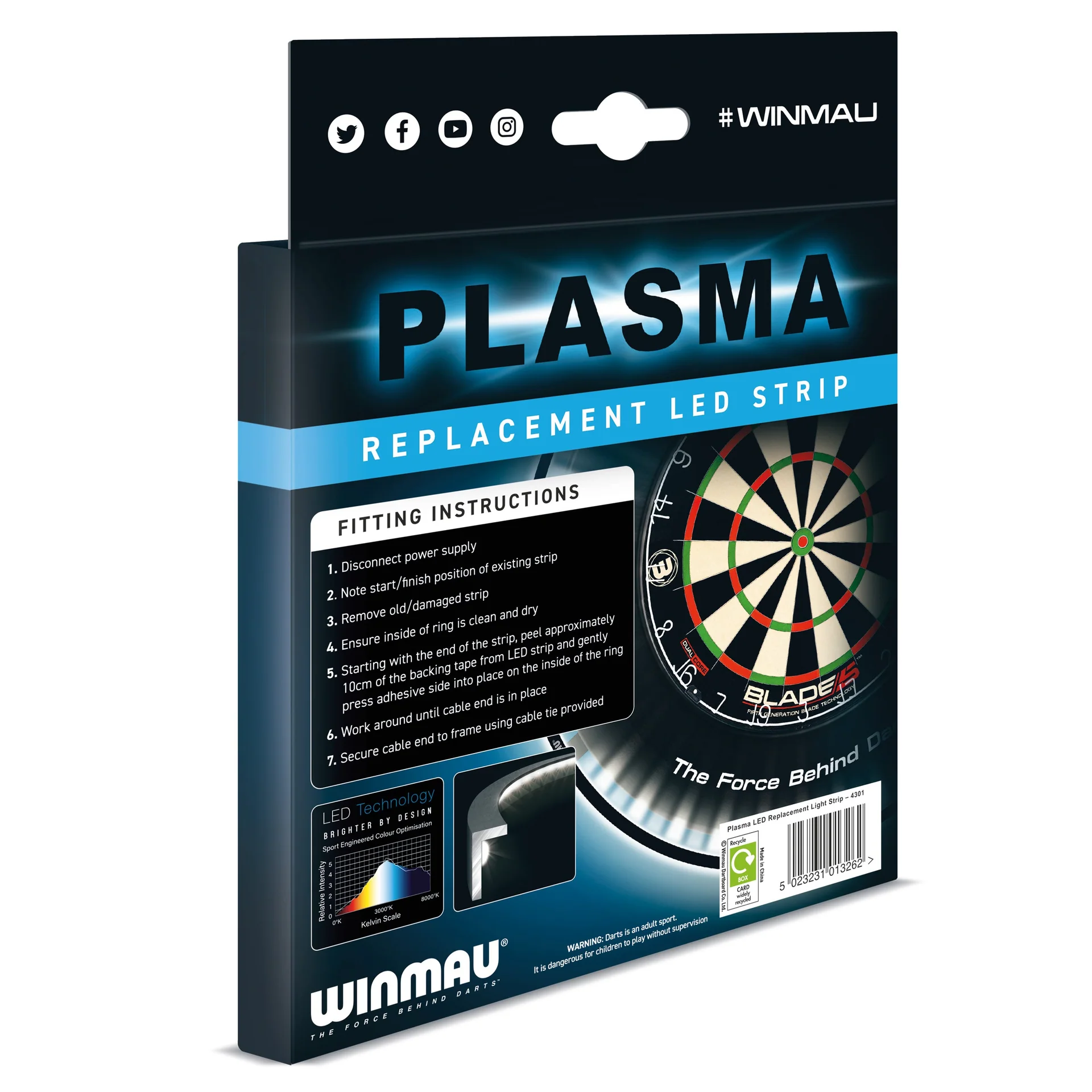 Emballage du kit de LED de rechange « Winmau » pour Plasma, avec inscription bleu clair « PLASMA REPLACEMENT LED STRIP ». Inclut instructions de montage, cible partiellement visible, illustrations LED et logo « Winmau ».