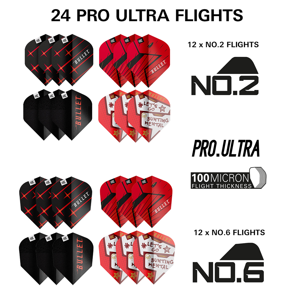 Vue détaillée de 24 ailettes Pro Ultra pour fléchettes acier Target : 12 n°2, 12 n°6. Par modèle : ailettes noires lignes rouges « BULLET » + ailettes rouges motif noir « BULLET ». Épaisseur : 100 microns.