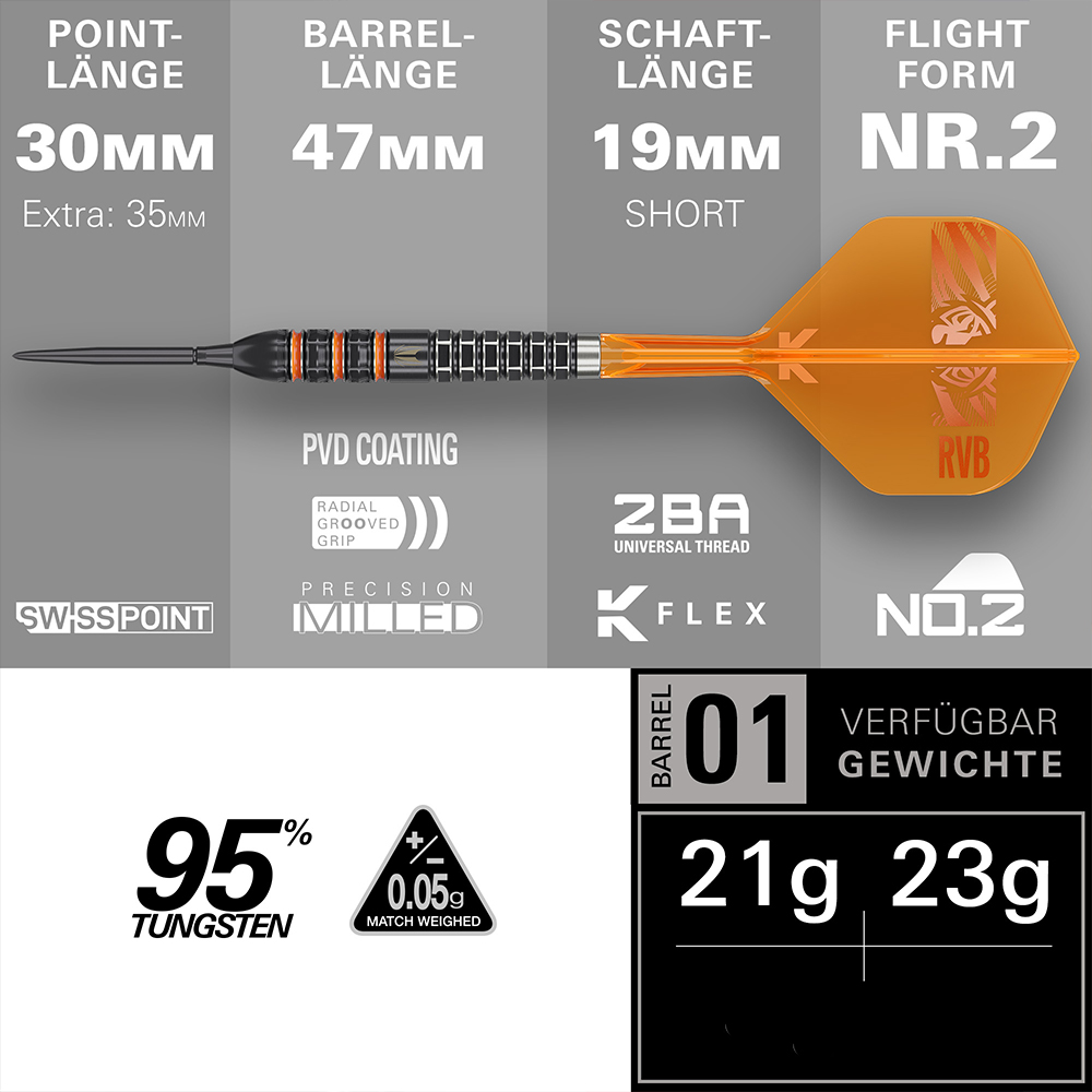 Fléchette en acier noire, détails orange et flight RVB. Spécifications techniques complètes : longueurs de la pointe, du corps et de la tige, matériau (95 % tungstène), revêtement, type de grip et 2 poids disponibles.