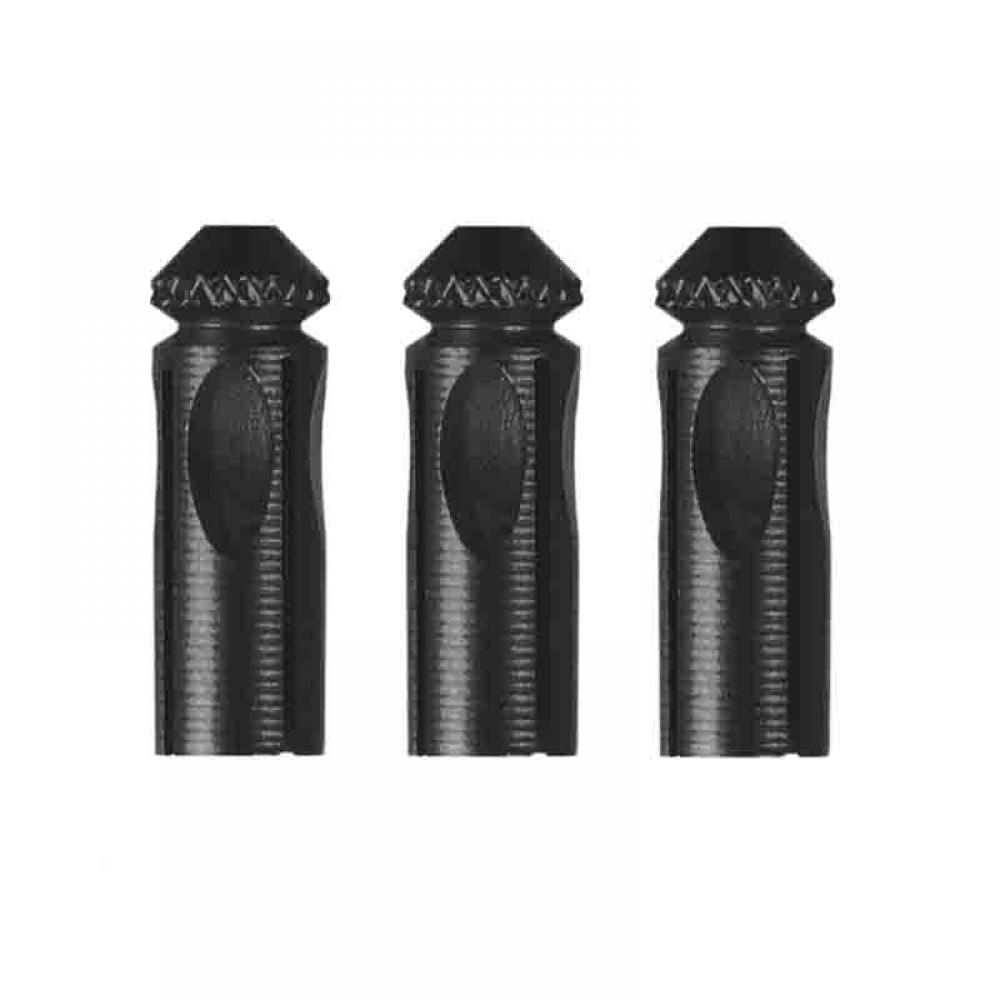 Three black fly protectors, arranged symmetrically. Each element is cylindrical, with a finely ribbed, tapered tip and a smooth, slightly concave middle section. Fine horizontal grooves at the bottom.