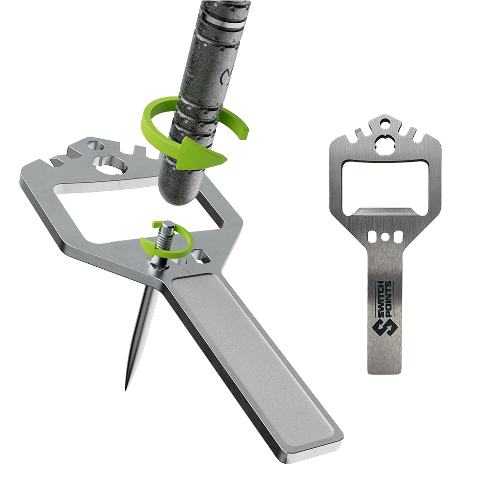 Multitool argenté en forme de clé avec des flèches de rotation marquées en vert : en bas, on visse une pointe acérée ; en haut, un objet cylindrique. À droite, un outil identique plus petit avec un décapsuleur et la mention « SWITCH POINTS ».