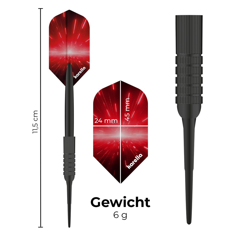 Mini-fléchette Softdart noire avec ailette rouge. Longueur 11,5 cm, poids 6 g. Ailette rouge (motif rayonnant, logo « Karella ») 24 x 45 mm. Corps anodisé noir, zone de préhension, pointe plastique.