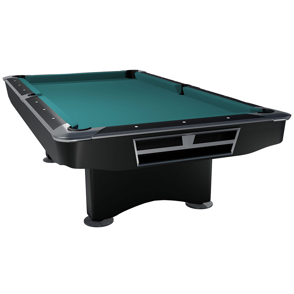Modern pool table with a dark green playing surface, black rails and silver accents. Solid black base, six pockets and white position markers. Slightly raised against a neutral white background.