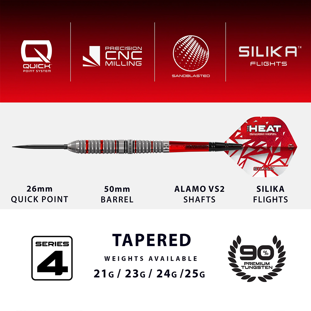 Harrows Damon Heta Series 4 steel darts, horizontal. Black tip, silver 90% tungsten barrel with ring cuts/sandblast finish, red shafts and red “THE HEAT” silica flights. Image: Quick Point System, 21–25g.