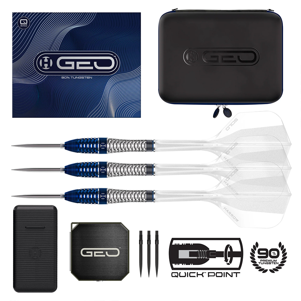 Three Harrows GEO-03 90% tungsten steel darts with blue and silver grips and transparent flights. Includes a dark blue product box, a black Harrows GEO carry case, a Quick-Point tool, spare tips and a diagram of the system.