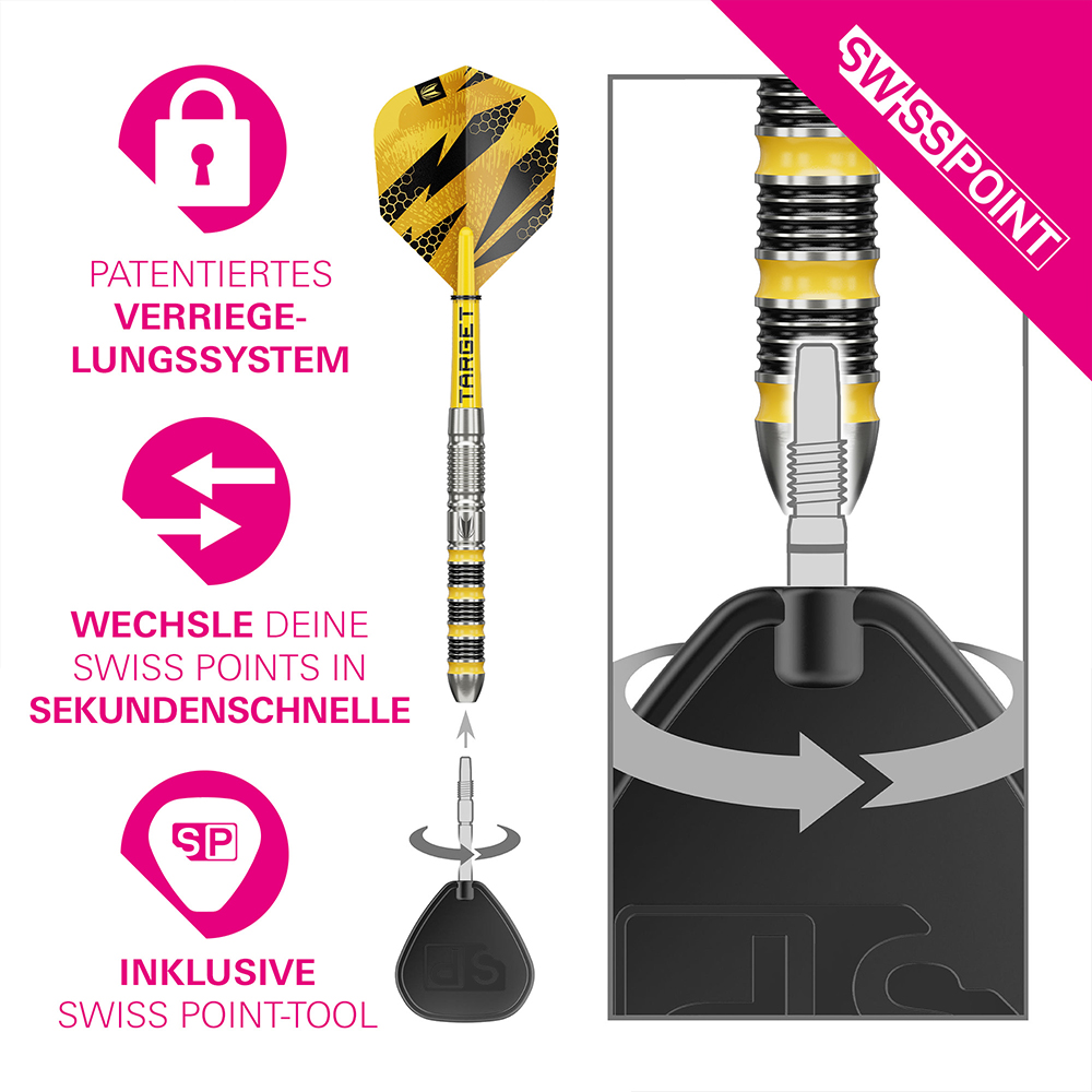 Fléchette en acier avec ailette jaune/noire et corps argenté à anneaux jaunes. Illustration du système Swiss Point breveté : pointe amovible et outil Swiss Point noir pour un changement rapide. Détail : fixer/retirer la pointe.