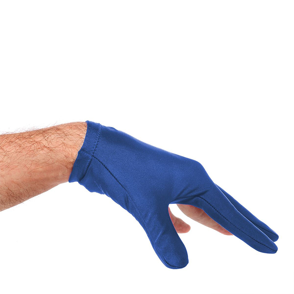 A blue ‘ Parker ’ glove, worn on a hairy left hand, which points slightly downwards with the fingers splayed. The smooth fabric of the glove covers the palm and fingers up to the wrist and can be worn on either hand.