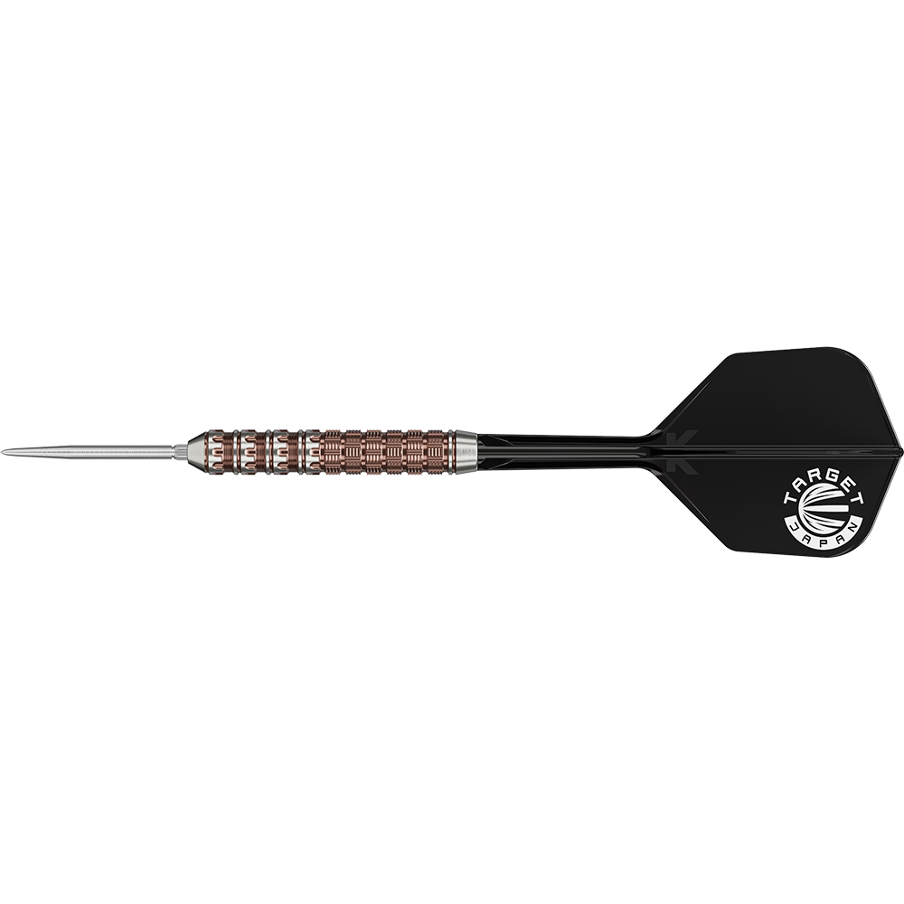 Fléchette en acier avec pointe argentée et corps rose doré, grip Dual-Zone : fines rainures en U à l'avant, structure en treillis filigranée à l'arrière. Tige noire et ailette avec logo Target Japan blanc. Target Prime Series Raptor Gen6 SP.
