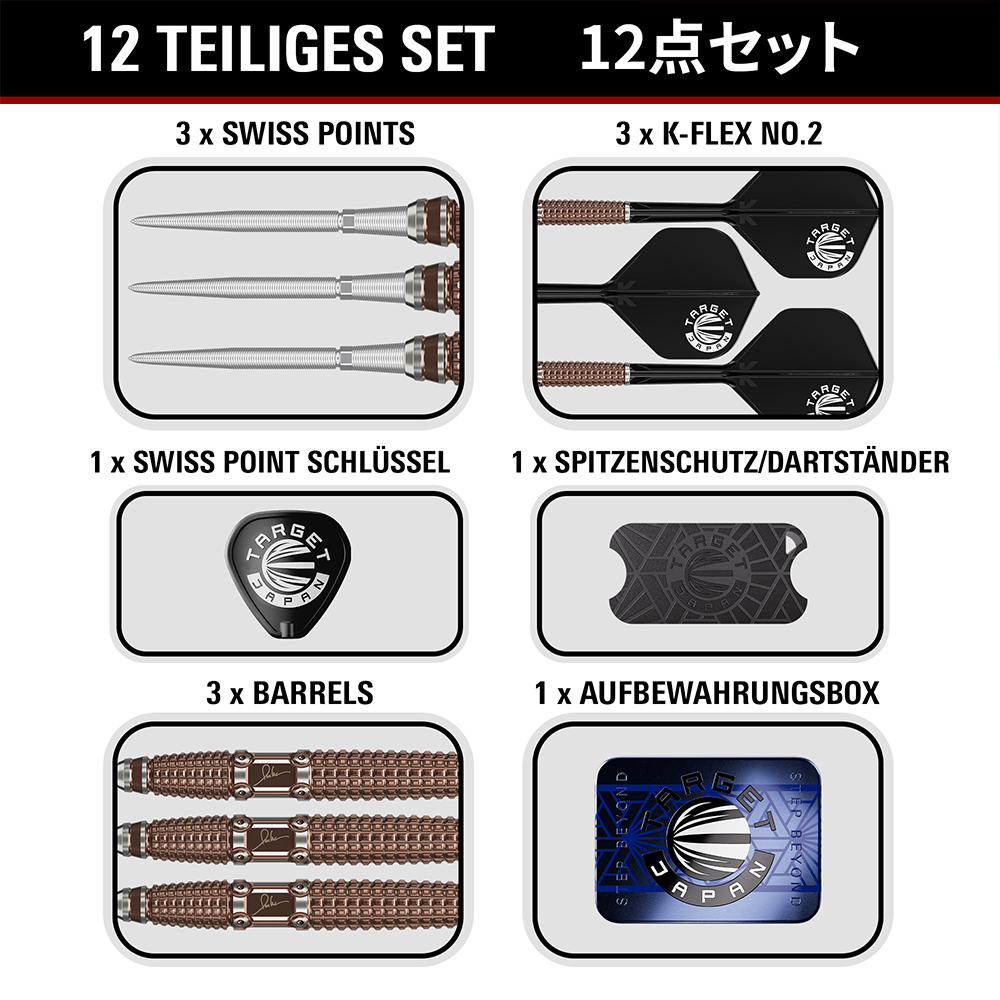 Übersicht des 12-teiligen Dart-Sets Target Japan Paul Lim Gen10 SP: drei silberne Swiss Points, drei schwarze K-Flex No.2 Flights mit Logo, drei braune Barrels mit Paul Lims Initialen, Swiss Point Schlüssel, Spitzenschutz, Box.